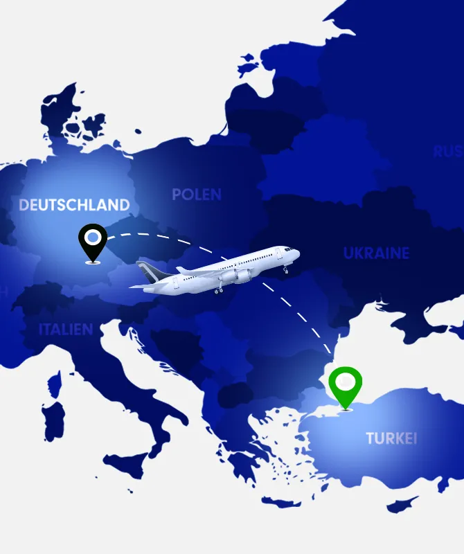 Länderkarte mit Flugzeug, welches von Deutschland in die Türkei fliegt