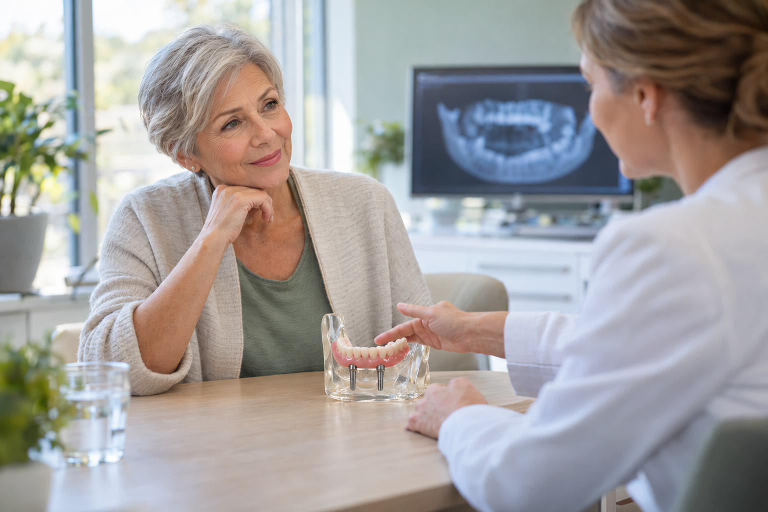 Zahnberatung mit Unterkieferimplantat-Modell